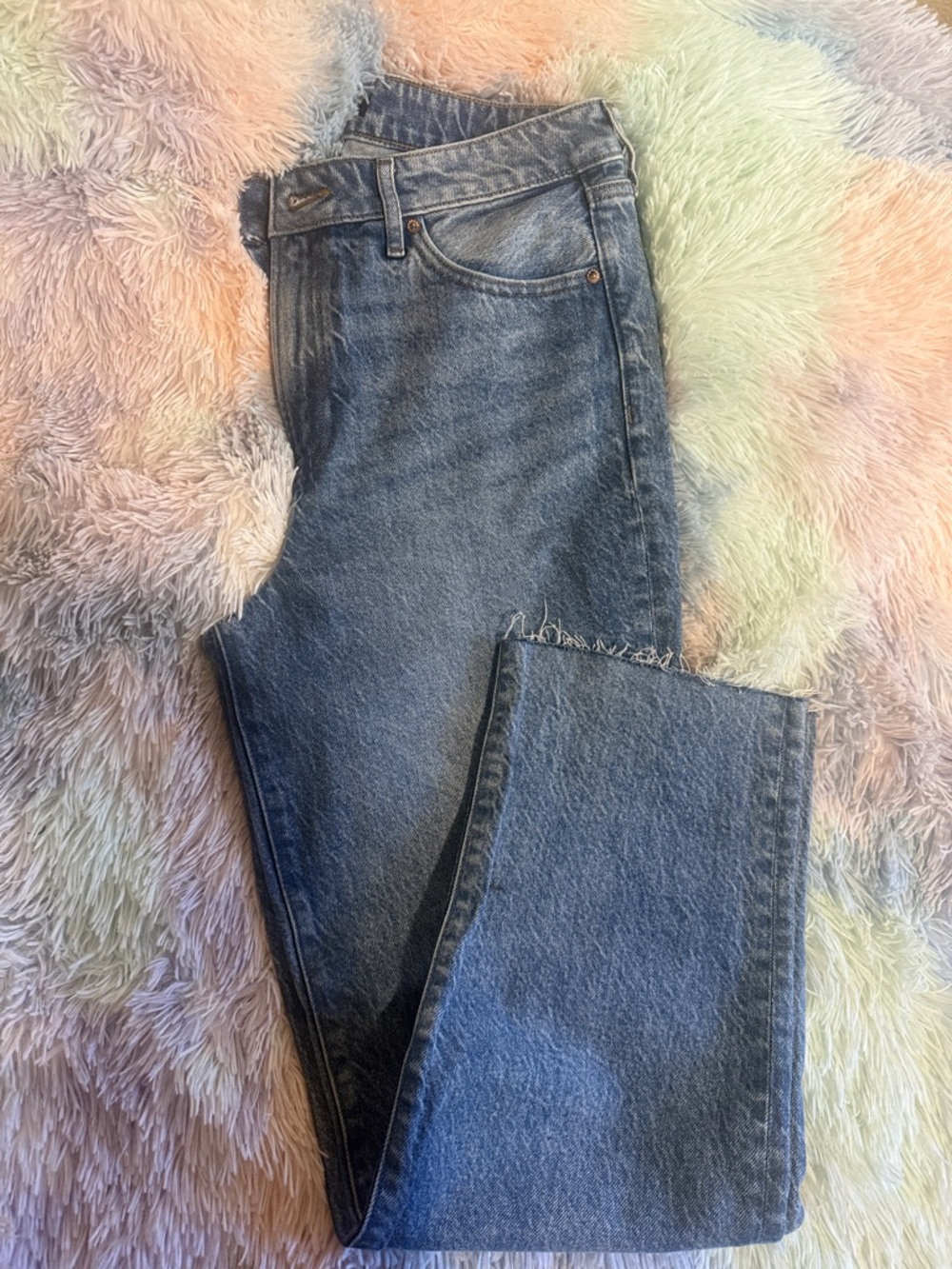 Express Women's Blue High-Rise Straight Jeans wide leg ankle